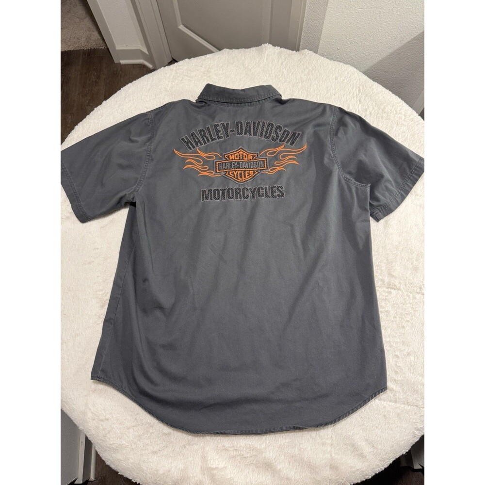 H-D Harley Davidson Gray Orange Button Up Short Sleeve Shirt Size XL Motorcycles